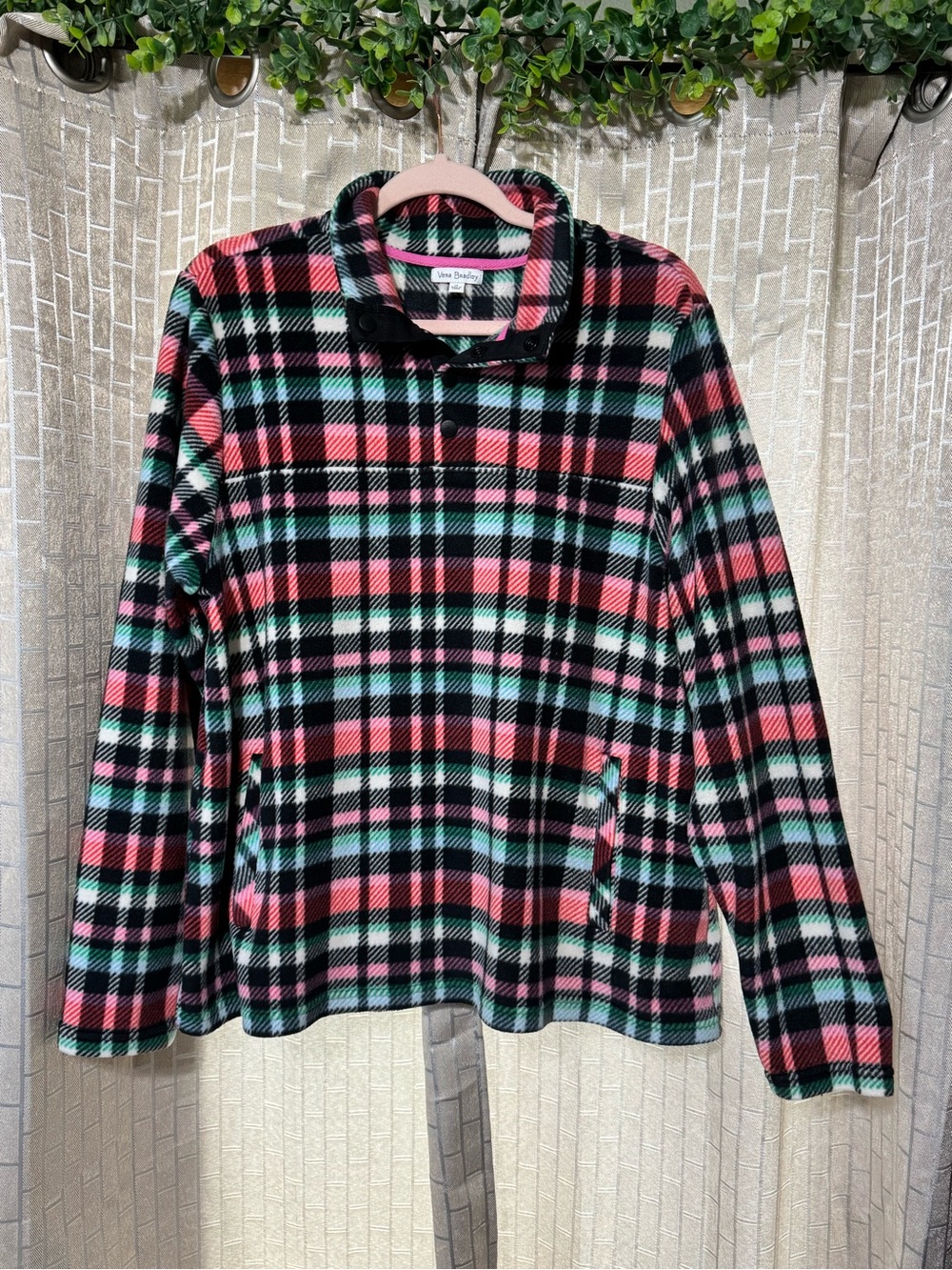 Vera Bradley XL Pink Green Black Plaid Stretch Soft Fleece Snap Pullover
